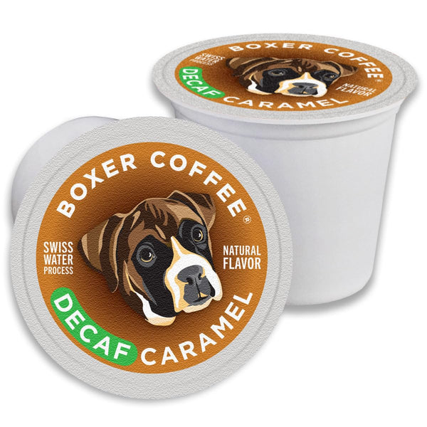 Boxer Coffee Swiss Water Process Decaf Caramel Naturally Flavored Pods compatible with