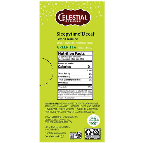 Celestial Seasonings Sleepytime Decaf Lemon Jasmine Green Tea Bags, 20 Bags