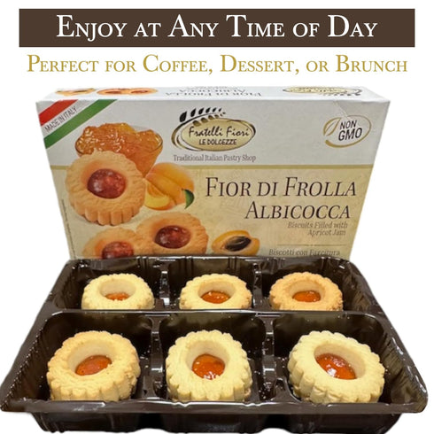 Fratelli Fiori Albicocca 140g Fior di Frolla Jam Cookies - Italian Cookies Filled with Real Apricot Jam - Healthy
