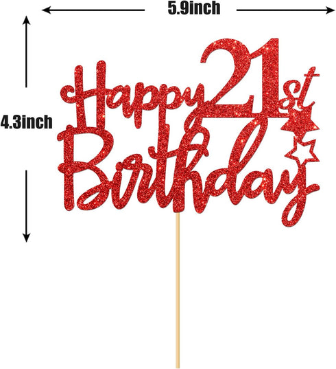 Red Glitter Happy 21st Birthday Cake Topper - 21Sign Cake Topper, Cheers to 21 Years Party Supplies