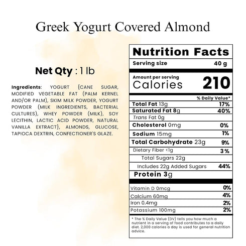 1 lb ANDY ANAND CHOCOLATIER Yogurt Covered Almonds Gourmet Greek Yogurt Flavored Covered Almonds, Sweet Creamy Coated