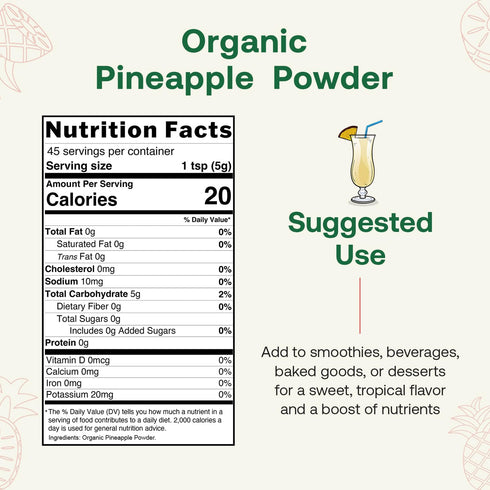8oz, Quay Naturals Organic Pineapple Powder, USDA Organic, Freeze-Dried Pineapple Fruit Powder, No Additives