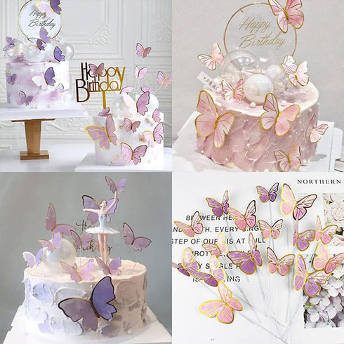 20PCS Gold Pink Purple Butterfly Cupcake Toppers, Handmade Cake Decorations for Girls Baby Shower Party Decor