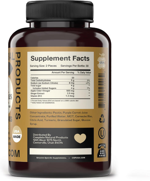 Gummies 60 Count B9, B12, Apple Cider Vinegar - Natural with The Mother, Gluten Free, Pomegranate, Beetroot, & Purple
