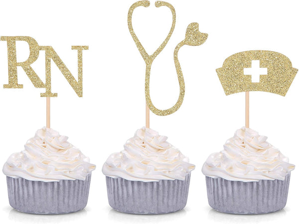 Medical Theme Cupcake Toppers, Nursing Nurse School Graduation Party Decorations - Gold