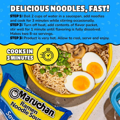 3 Oz, 24 Count Maruchan Ramen Soy Sauce, Instant Ramen Noodles, Ready to Eat Meals