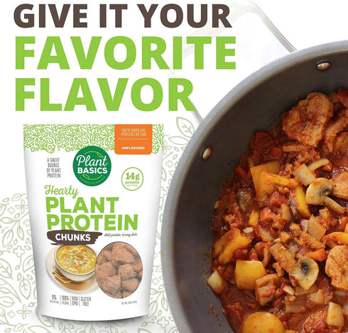 1 lb, Plant Basics - Hearty Plant Protein - Unflavored Chunks, Non-GMO, Gluten Free, Low Fat, Low Sodium, Vegan, Meat