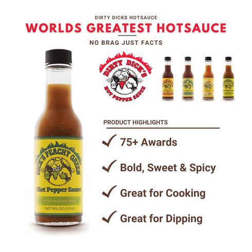 Dirty Dicks Peachy Green Hot Sauce, 5 Fl Oz - A Flavorful Blend of Peppers, Peaches, and Exotic Spices (Pack of 1)