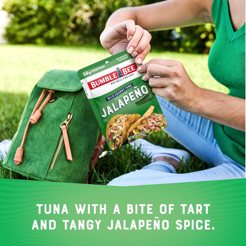 14g 2.5 oz Packet (Pack 12) Bumble Bee Jalapeno Seasoned Tuna Pouch - Wild Caught and Ready to Eat for Snack, Salad