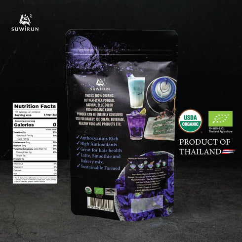 Suwirun Organic Butterfly Pea Powder, 4oz Natural Blue Tea & Superfood for Color-Changing Drinks and Baking