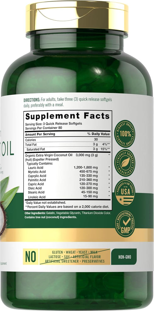 3000mg 240 Count Carlyle Coconut Oil Extra Virgin Softgel Capsules | | | Naturally Occurring MCTs | Non-GMO and Gluten