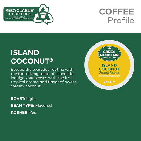24 Count (Pack 1) Green Mountain Coffee Roasters Island Coconut, Single-Serve Keurig K-Cup Pod, Flavored Light Roast
