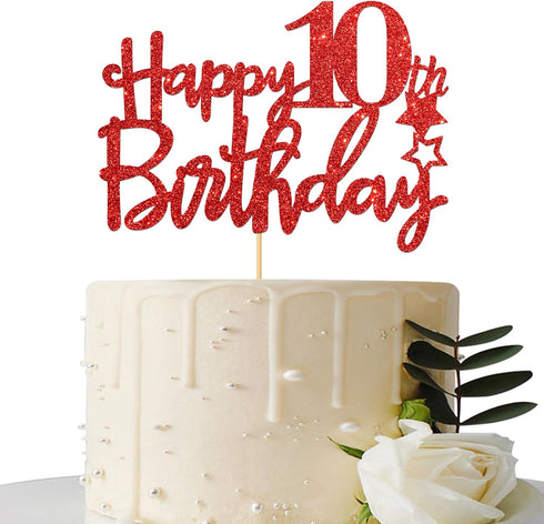 Red Glitter Happy 10th Birthday Cake Topper, Cheers to 10 Years Party Supplies, 10th Birthday Decorations