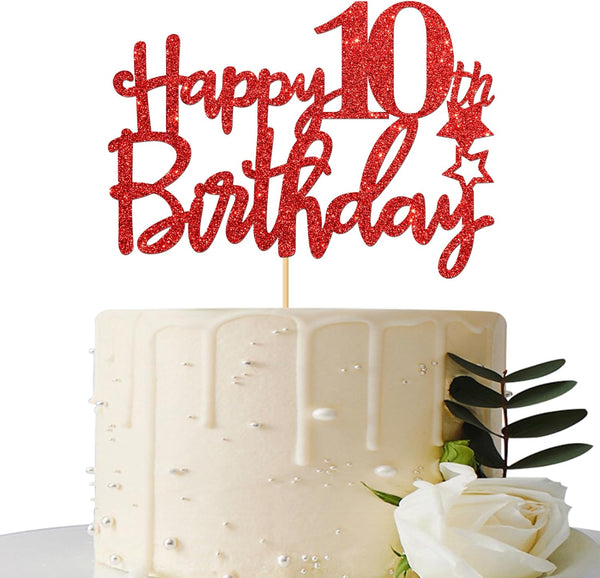 Red Glitter Happy 10th Birthday Cake Topper, Cheers to 10 Years Party Supplies, 10th Birthday Decorations
