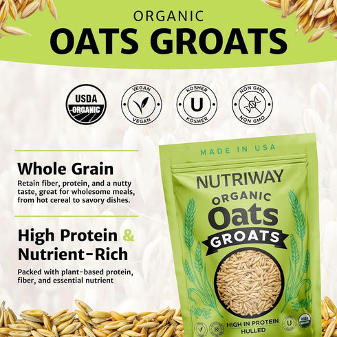 2 lb Pack NUTRIWAY Organic Oat Groats - High-Protein Whole Grain Oats - Vegan, Non-GMO, Pure & Raw - Perfect