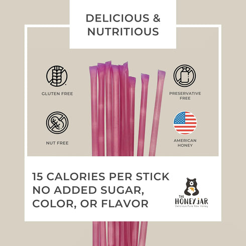 The Honey Jar Raspberry Flavored Honey Sticks - Pure Honey Straws for Tea, Coffee, or Healthy Treat - 20 Count