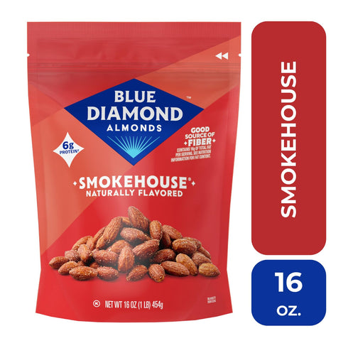 16 Oz (Pack 1) Blue Diamond Almonds Gluten Free Smokehouse Flavored Snack Nuts, Resealable Bag