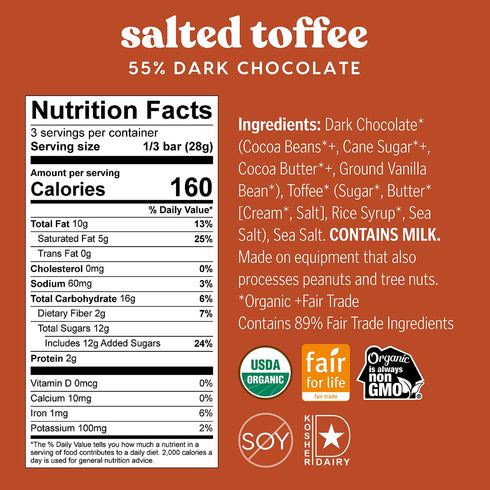 55% 6 Pack Theo Chocolate Salted Toffee Organic Dark Chocolate Bar, Cacao, | Fair Trade