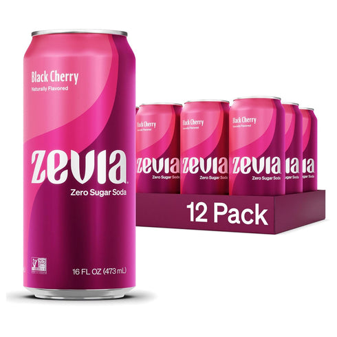 Zevia Zero Sugar Soda, Black Cherry, 16 oz Cans (12-Pack) Naturally Sweetened,