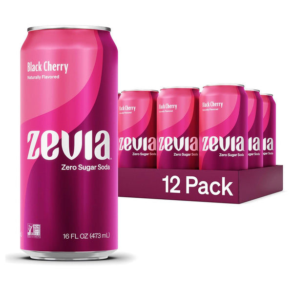 Zevia Zero Sugar Soda, Black Cherry, 16 oz Cans (12-Pack) Naturally Sweetened,