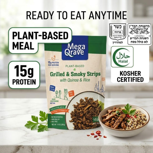 Mega Qrave 10 oz 15g Plant-Based Grilled & Smoky Strips with Quinoa & Rice, Ready-to-Eat Shelf-Stable Vegan Meal