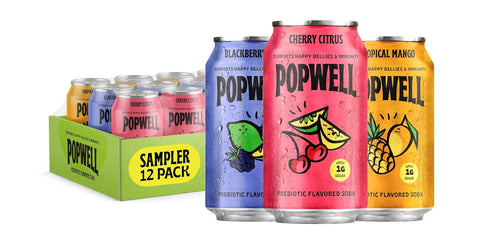 Popwell Variety Pack Better-For-You Prebiotic Soda, with 6g Fiber, 1g Sugar, Vitamins
