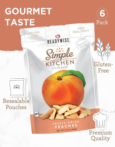 1.16 oz, Pack 6, Backpacking, READYWISE - Simple Kitchen, Freeze-Dried Peaches, of Vegetarian, Gluten Free, Snacks