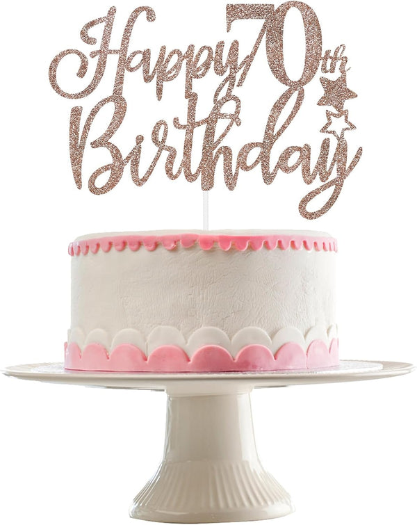 Happy 70th Birthday Cake Topper Rose Gold Glitter, 70th Birthday Cake Decorations for Women, 70th Anniversary Cake