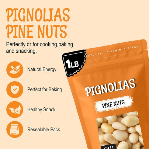 100% 1 lb Packed Oh! Nuts Pine Nuts (Pignolias) - Raw - Natural Pine Nuts - Bulk Bag - Premium Pignoli with Protein