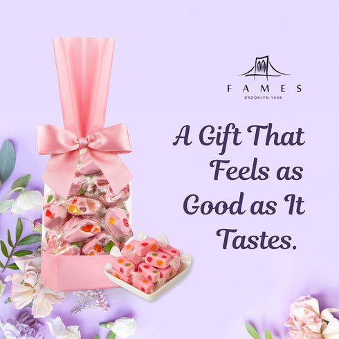 25 Pink Nougat Candy Individually Wrapped - JuJu Candy Gift Bag with Satin Bow Kosher, Dairy Free, Elegant Gift for Mom