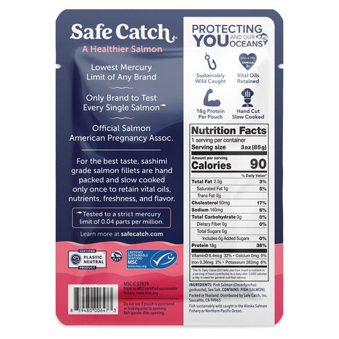 12-Pack 3oz Packets Safe Catch Wild Pacific Pink Salmon Skinless Boneless Wild-Caught Salmon Fish Pouch, Mercury
