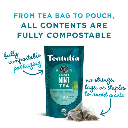 Teatulia Organic Mint Tea Bags - 50 Pyramid Sachet Teabags, Whole Leaf Mint Tea, Caffeine-Free