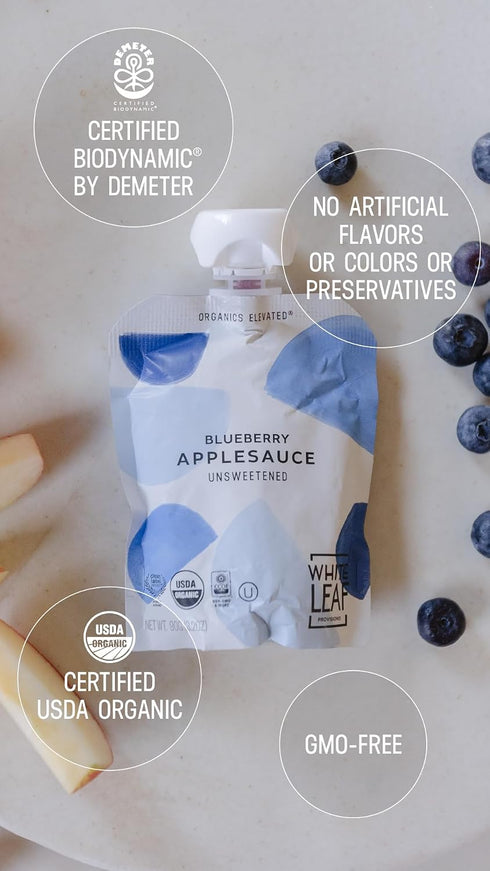 3.2oz (Pack 24) White Leaf Organic Blueberry Applesauce Regeneratively Farmed, No Added Sugar, Kosher, USDA, GMO & BPA