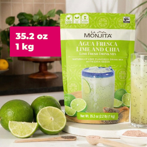 100 (1kg 35.2oz) La Monjita Agua Fresca Lime and Chia - Naturally Lime Flavored Drink Mix With Chia Seeds - Servings /