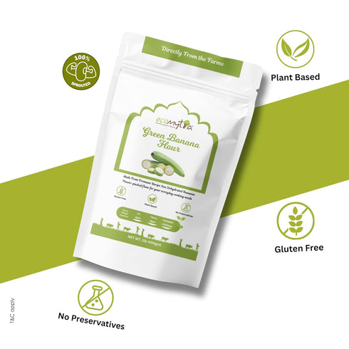 Ecomytra 1lb (454g) Green Banana Flour Raw & Unripe Sun-Dried Bananas Gluten Free, High Fiber, Plant Based, Non-GMO