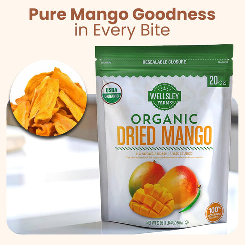 Wellsley Farms 20oz Pack Organic Dried Mango - Vegan Friendly & Low Sodium Dried Fruit - No Added Sugar, Preservatives