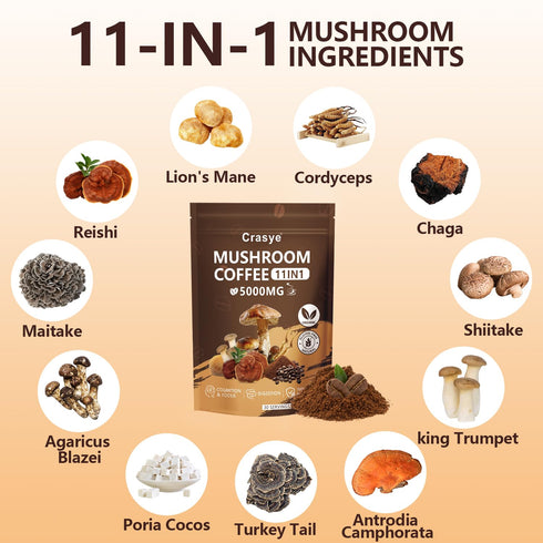 11 Immunity 5.3 Oz 30 Organic Mushroom Coffee Superfood Instant Mushrooms Coffee with Ashwagandha, Shilajit, Lion's