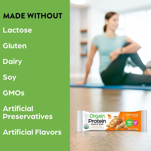 Orgain Organic Vegan Protein Bars - Peanut Butter, 10g Plant Based Protein, Low Calorie Healthy Snacks, Gluten Free,