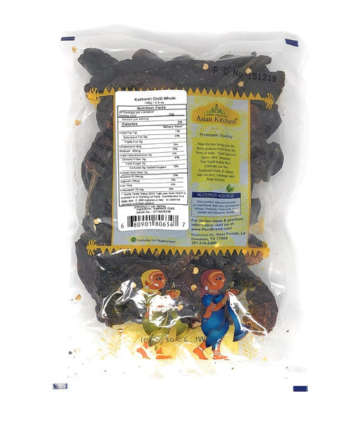 Asian Kitchen Kashmiri Chilli Whole, Low Heat Indian Chilli 3.5oz (100g), All Natural, Vegan, Gluten Friendly