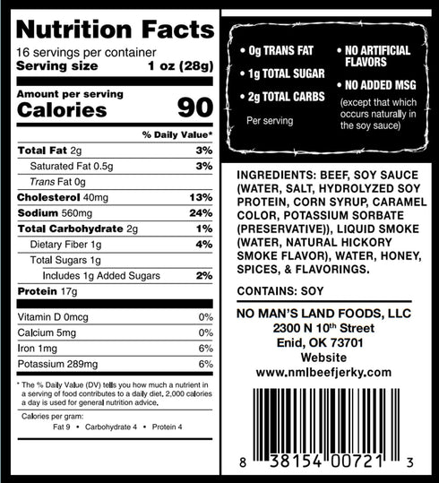 17G 16oz No Mans Land Premium Beef Jerky | High Protein Slow-Dried Beef Snack | Smoked & Seasoned Jerky Strips | HOT