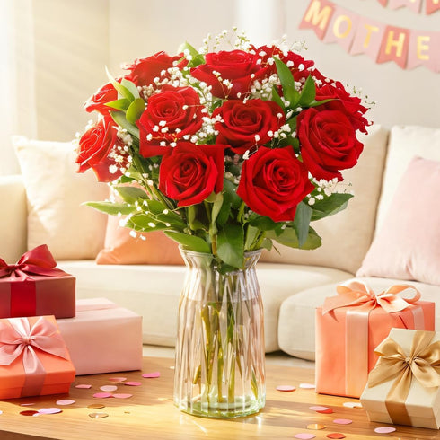 Dozen Benchmark Bouquets - Red Roses Bouquet - Fresh Flowers for Delivery - Mothers Day Flowers - One Long Stem Roses
