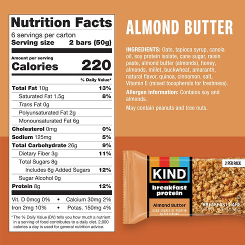 Pack, 8g 18 Count (18 Packs 2 KIND Breakfast Protein Bars Variety Gluten Free, Low Sodium, Healthy Snacks, Peanut