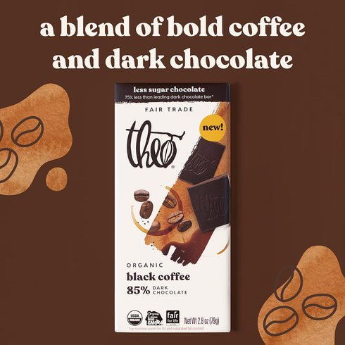 85% 6 Pack Theo Chocolate Black Coffee, Organic Dark Chocolate Bar, Cacao, | Vegan, Fair Trade