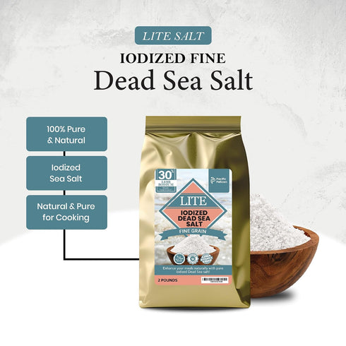 30% (2 lbs) Pacific Pelican Less Sodium Iodized Dead Sea Lite Salt - Fine Grain | Unrefined Kosher, Natural Iodized