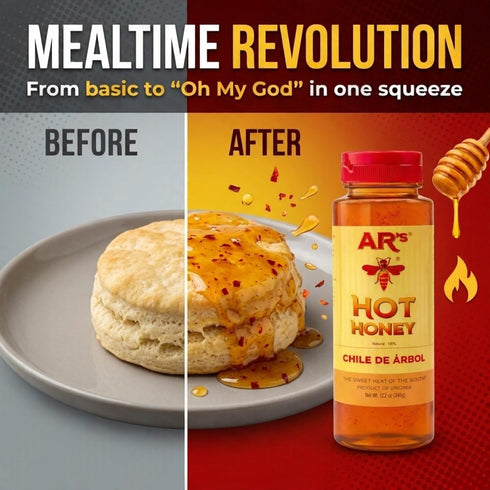 100% 12 oz ARs Hot Southern Honey, Chile De Arbol (Mild), REAL HONEY + REAL PEPPERS, Blend of Sweet Clover