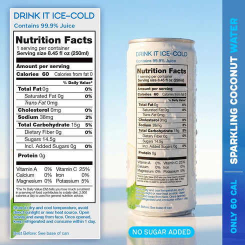 12 pack (8.45 oz Yoopy Sparkling Coconut Water Lightly Carbonated Tropical Drink, No Sugar Added Healthy Soda