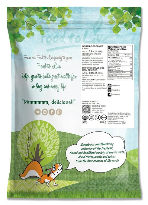 3 Food to Live Organic Coconut Chips, Pounds - Non-GMO, Kosher, Raw, Desiccated, Unsweetened, Unsulfured, Dried Flakes