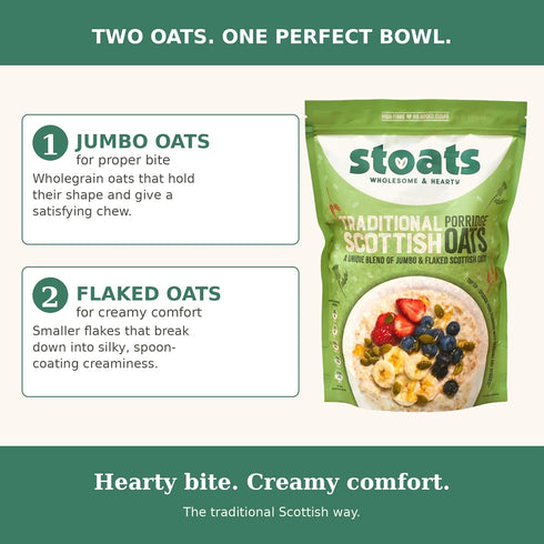 Stoats 26.5 oz (Pack 3) Traditional Scottish Porridge Oats, Whole Grain, Vegan, No Added Sugar, Palm Oil Free, Pouches