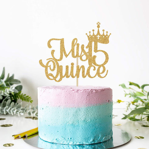 Mis Quince 15 Cake Topper, Hello 15, Cheers to 15 Years, 15th Birthday/Anniversary Party Decorations Gold Glitter