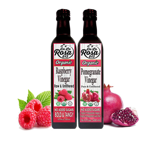 100% 16.9 Oz (Pack 2) De La Rosa Organic Raspberry & Pomegranate Vinegar, Raw & Unfiltered, Vegan, Gluten Free